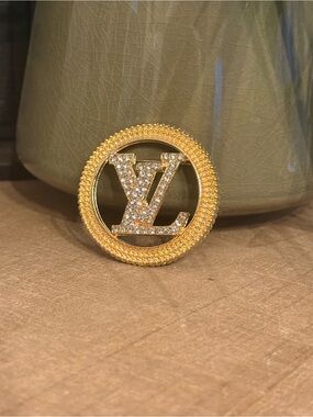 Gold Tone Crystal LV Monogram Brooch